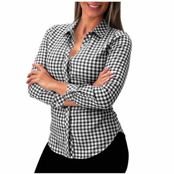 GUACER Womens Long Sleeve Blouses Gingham Collared Button Down Shirts Loose Casual Fall Tops