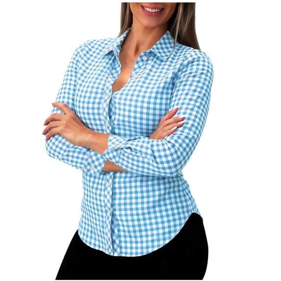 GUACER Womens Long Sleeve Blouses Gingham Collared Button Down Shirts Loose Casual Fall Tops