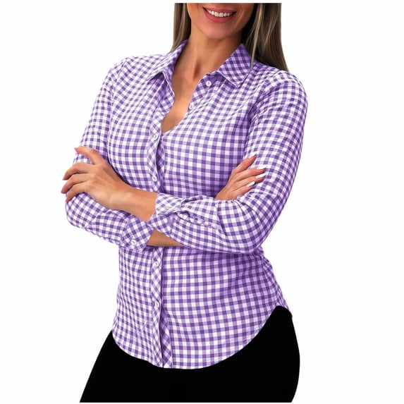 GUACER Womens Long Sleeve Blouses Gingham Collared Button Down Shirts Loose Casual Fall Tops
