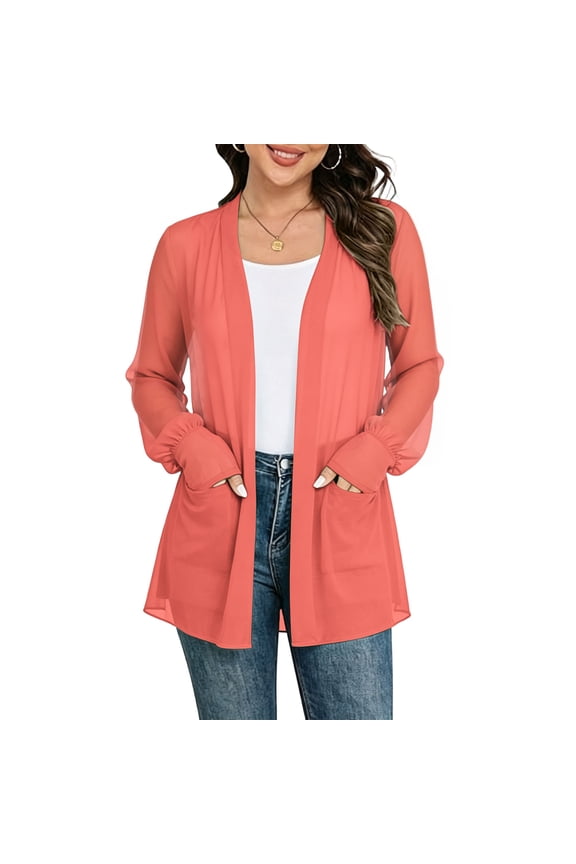 Womens Long Sleeve Sheer Chiffon Cardigan Lightweight Open Front Cover Up with Pockets for Summer Beach & Office