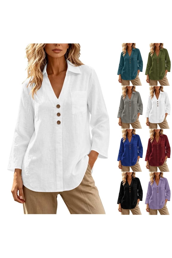 Womens Long Sleeve Shirts Cotton Linen V-Neck Button Down Tunic Tops with Pocket Casual Loose Blouses