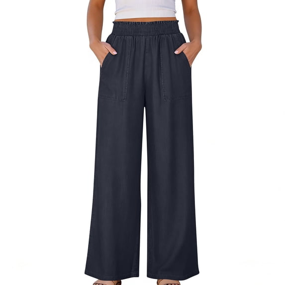 GUACER Womens Loose Fit Wide Leg Pants Elastic High Waist Pockets Lightweight Casual Denim Trousers
