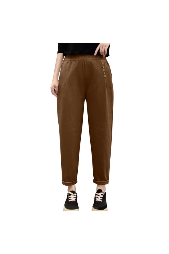 Womens Lounge Pants Cuffed Hem Side Button Elastic Waist Soft Leg Cropped Tapered Pants