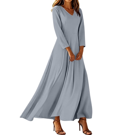 GUACER Womens Maxi Dresses Elegant Long Sleeve Loose V Neck A-Line Flowy Swing Dresses for Casual