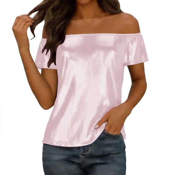 GUACER Womens Off Shoulder Blouses Fashion Sequin Ribbed Solid Loose Casual Short Sleeve Tops
