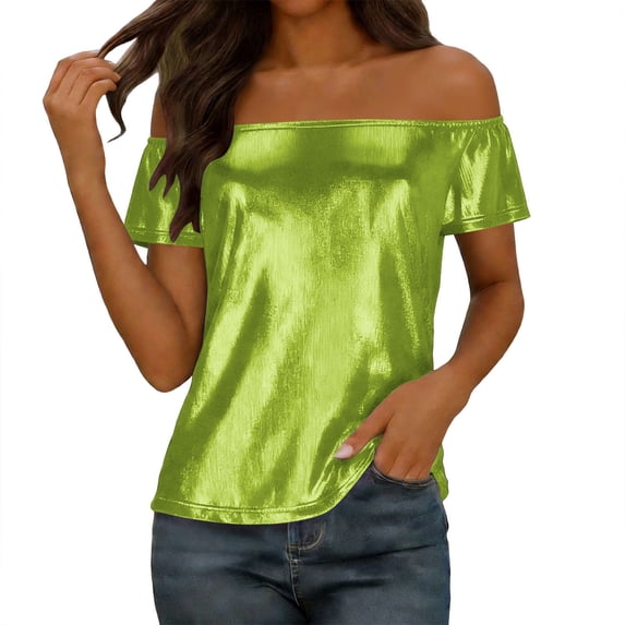 GUACER Womens Off Shoulder Blouses Fashion Sequin Ribbed Solid Loose Casual Short Sleeve Tops
