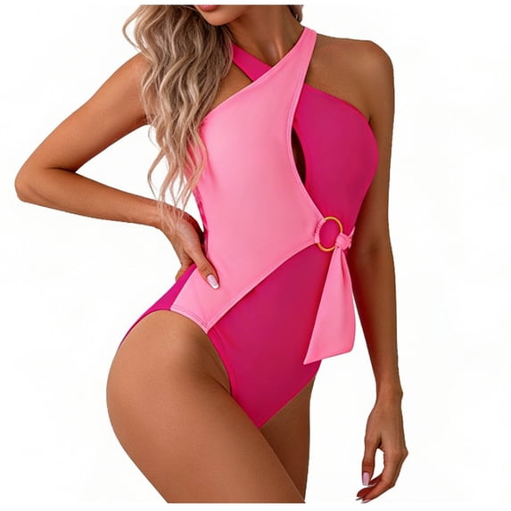 GUACER Womens One Piece Swimsuits Asymmetric Halter Neck Cutout O Ring Tie Front Padded Cups Tummy Control Stretch Swimwears