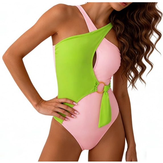 GUACER Womens One Piece Swimsuits Asymmetric Halter Neck Cutout O Ring Tie Front Padded Cups Tummy Control Stretch Swimwears