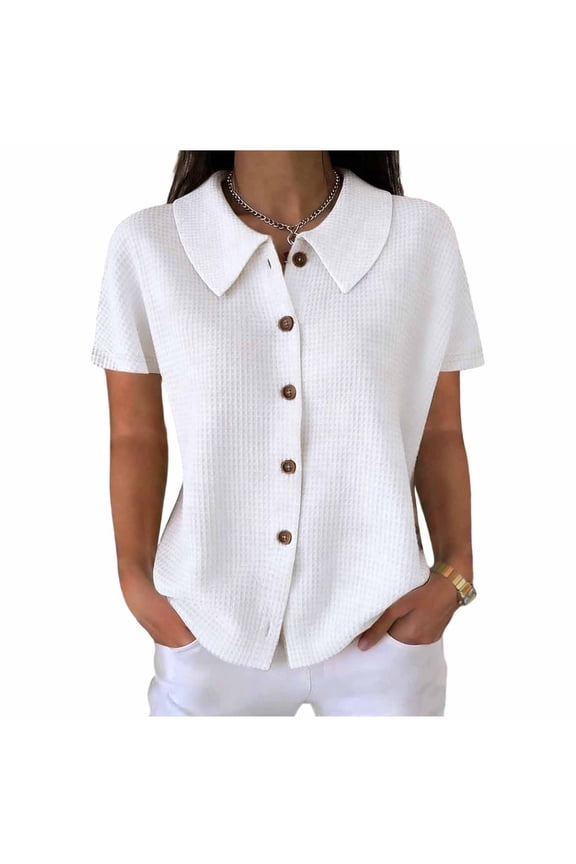 Womens Peter Pan Collar Top Ribbed Knit Button Front Short Sleeve Casual Breathable Blouse