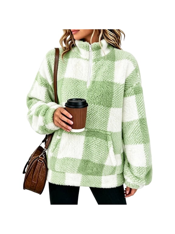 Womens Plaid Sherpa Fleece Tops Oversized Half Zip High Neck Pullover Warm Fuzzy Fall Winter Clothes with Pocket