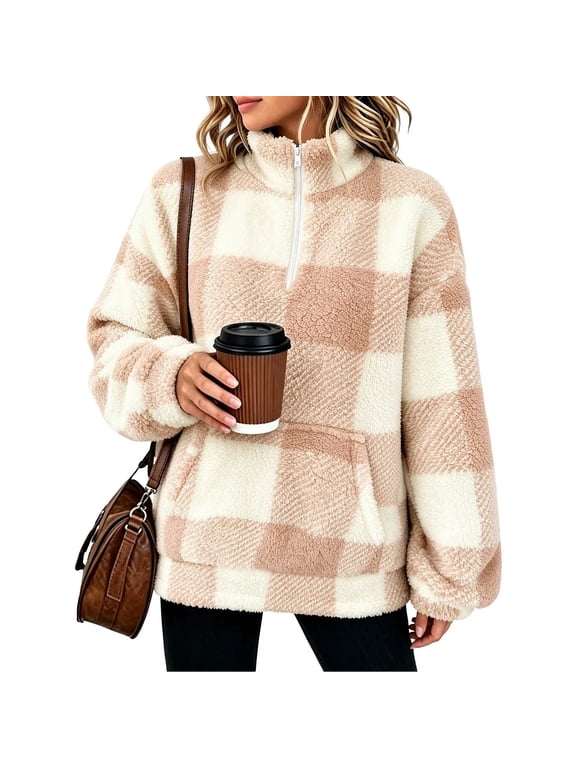 Womens Plaid Sherpa Fleece Tops Oversized Half Zip High Neck Pullover Warm Fuzzy Fall Winter Clothes with Pocket