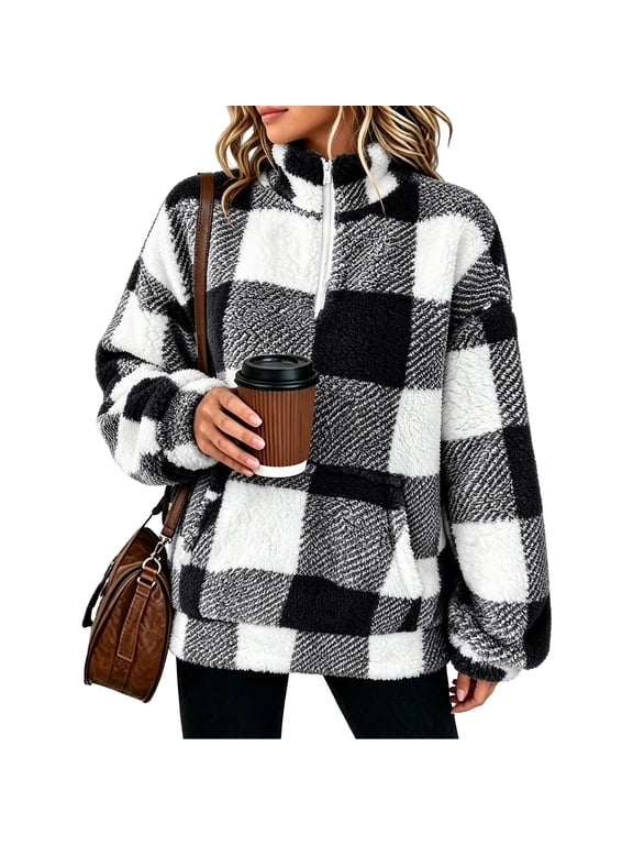 Womens Plaid Sherpa Fleece Tops Oversized Half Zip High Neck Pullover Warm Fuzzy Fall Winter Clothes with Pocket