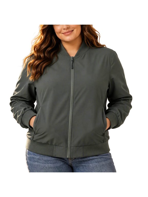 Womens Plus Size Bomber Jacket Full Zip Ribbed Collar Long Sleeve Casual Coat with Pockets