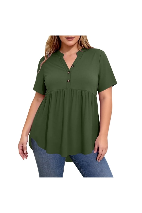 Womens Plus Size Casual Short Sleeve Tops Henley V Neck Button Tunic Swing Flowy T Shirts