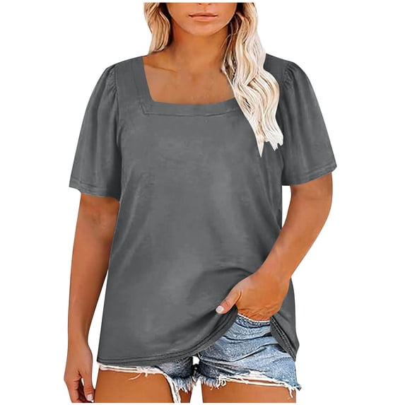 GUACER Womens Plus Size Tops Short Sleeve Casual Square Neck Puff Sleeve Blouses Loose Summer T Shirts