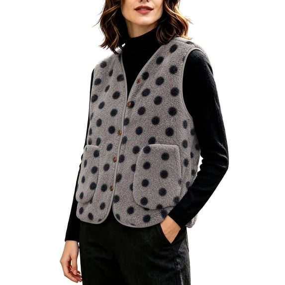GUACER Womens Polka Dot Fleece Vest V Neck Cropped Loose Sleeveless Casual Jacket for Fall Winter