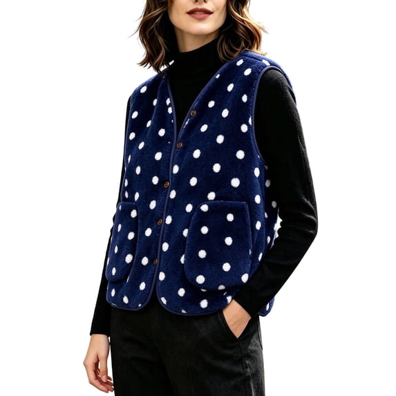 GUACER Womens Polka Dot Fleece Vest V Neck Cropped Loose Sleeveless Casual Jacket for Fall Winter