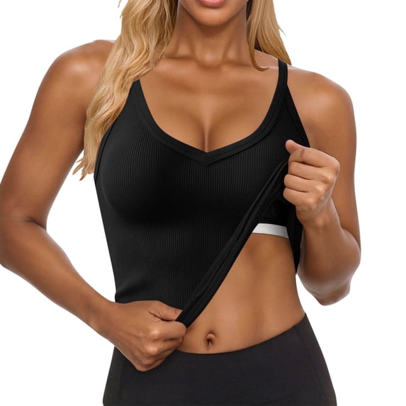 GUACER Womens Ribbed Cami Tops Casual V Neck with Built-in Bra Padded Camisole Slim Fit Comfy Tank Tops for Ladies