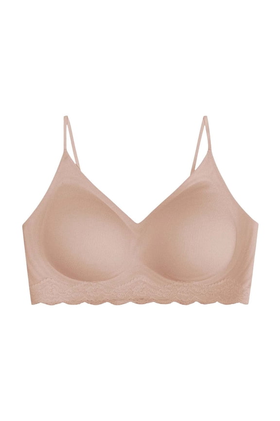Womens Ribbed Seamless Bralette Wirefree V-Neck Lounge Bra with Lace Trim, Lightly Padded Everyday Comfort Bra