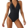 thumbnail image 1 of GUACER Womens Ruched One-Piece Swimsuit with Plunge Halter Neck & Bow-Tie Back Tummy Control Bathing Suits, 1 of 8