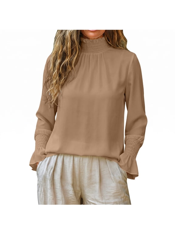 Womens Ruffled Mock Neck Chiffon Blouses Long Bell Sleeve Elegant Solid Work Top Shirts