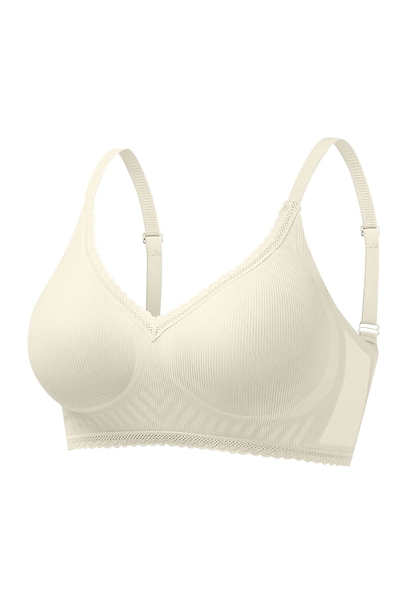 Womens Seamless Ribbed Bra Wirefree Comfort Bralette with Scalloped Lace Trim Breathable Mesh Side Support Bra