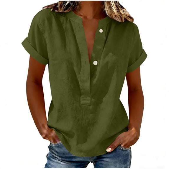 GUACER Womens Short Sleeve Cotton Linen Shirts Button Down V Neck Blouses Loose Fit Casual Summer Tunic Tops