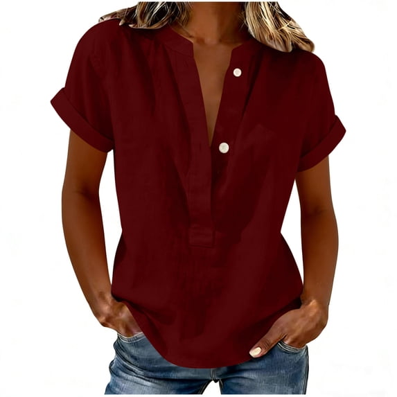 GUACER Womens Short Sleeve Cotton Linen Shirts Button Down V Neck Blouses Loose Fit Casual Summer Tunic Tops