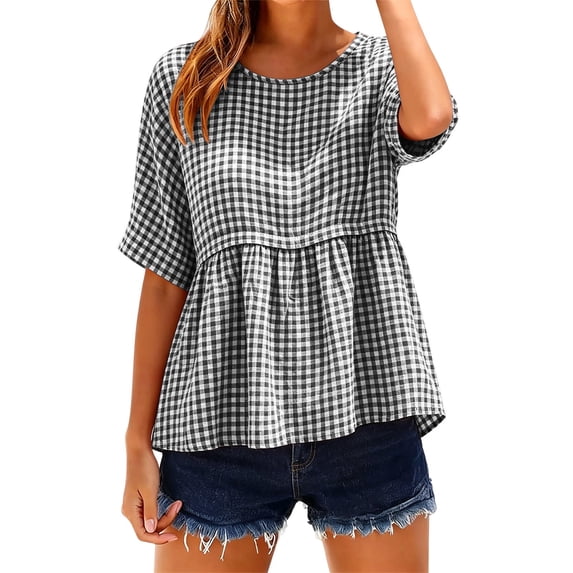 GUACER Womens Short Sleeve Gingham Tops Casual Round Neck Tiered Peplum Summer Loose Blouses