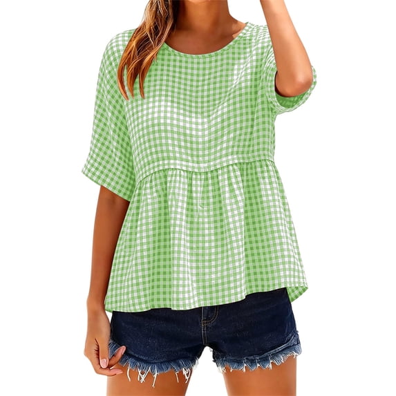 GUACER Womens Short Sleeve Gingham Tops Casual Round Neck Tiered Peplum Summer Loose Blouses