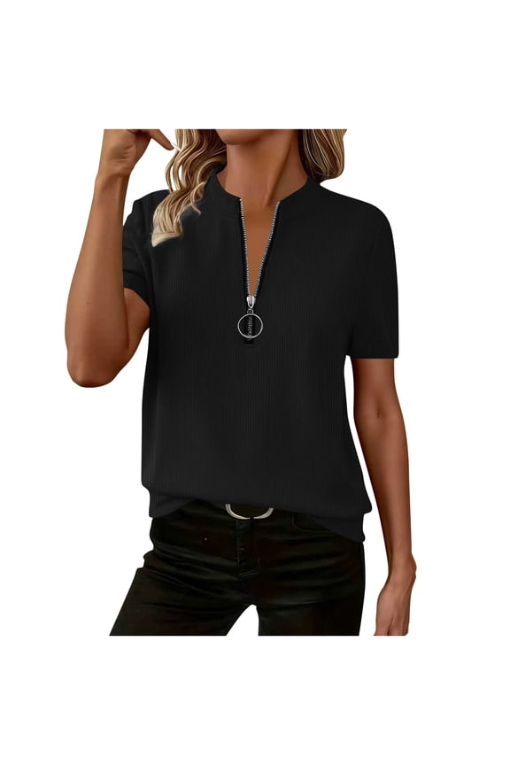 Womens Short Sleeve Knit Tops Relaxed Fit Ribbed Fabric Half Zip Mock Neck with O Ring Pull Everyday Casual Shirts