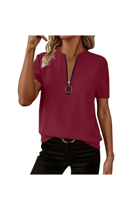 Womens Short Sleeve Knit Tops Relaxed Fit Ribbed Fabric Half Zip Mock Neck with O Ring Pull Everyday Casual Shirts
