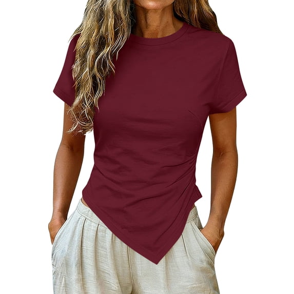 GUACER Womens Short Sleeve Shirts Asymmetrical Pointed Hem Crop Tops, Stretchy Crew Neck Slim Fit Casual Everyday Blouses