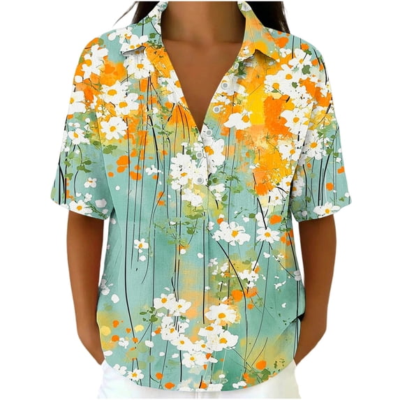 GUACER Womens Short Sleeve Tops Floral Print Button Down Shirts Cotton Linen Casual Collared Loose Blouses