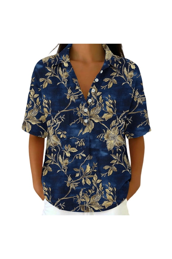 Womens Short Sleeve Tops Floral Print Button Down Shirts Cotton Linen Casual Collared Loose Blouses