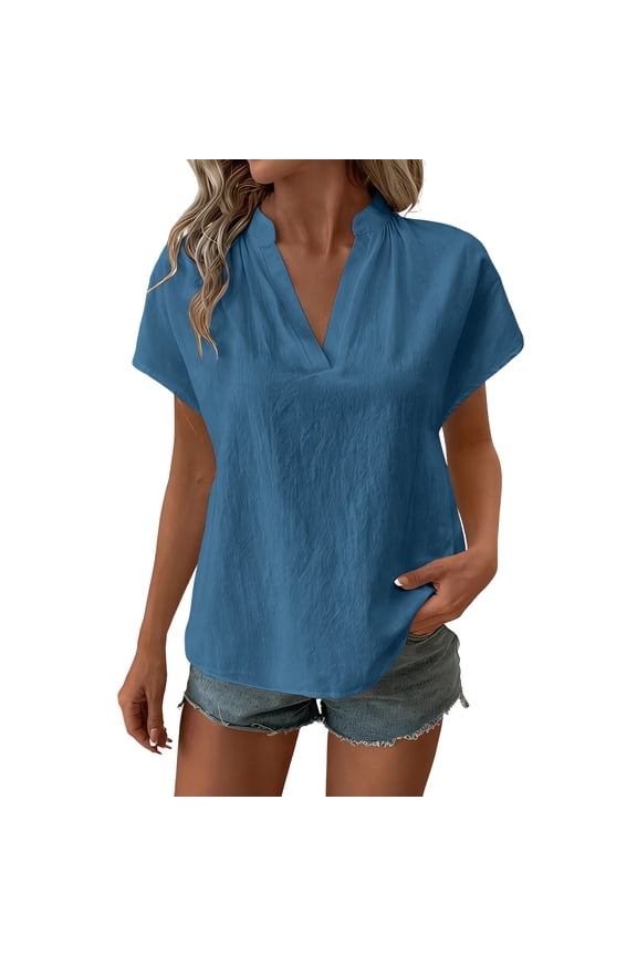Womens Short Sleeve Tops Trendy Cotton Linen V Neck Relaxed Fit Casual T Shirts