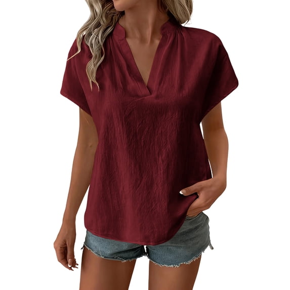 GUACER Womens Short Sleeve Tops Trendy Cotton Linen V Neck Relaxed Fit Casual T Shirts