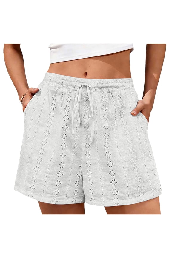 Womens Shorts Trendy Boho Drawstring Elastic Waisted Lace Eyelet Vacation Shorts