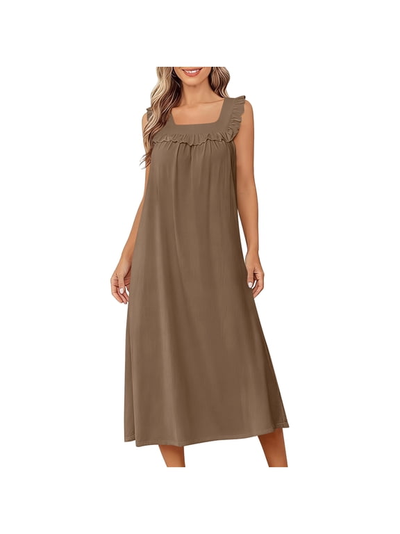 Womens Sleep Dress Cotton Casual Sleeveless Long Nightgowns Victorian Loose Fit Soft Maxi Dress for Ladies