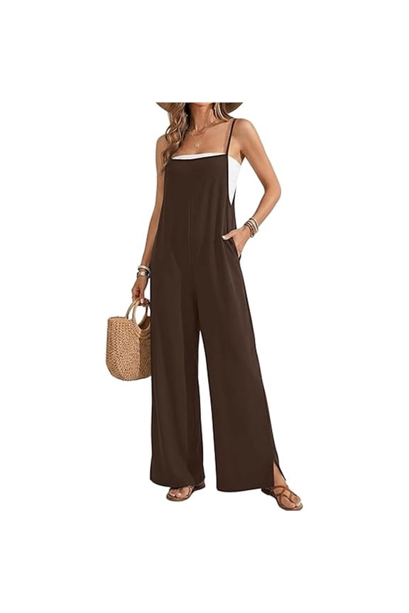 Womens Spaghetti Strap Jumpsuit Wide Leg One Piece Rompers with Pockets Side Slit Casual Summer Playsuits