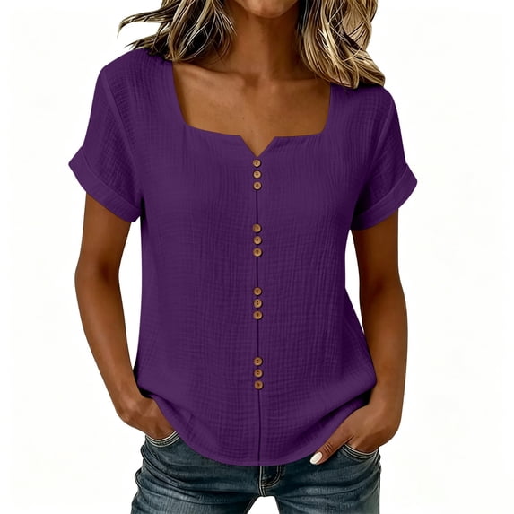 GUACER Womens Square Neck Henley Tops Short Sleeve Button Down Blouses Cotton Linen for Casual Daily Wear