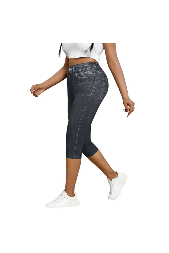 Womens Stretchy Capri Jeans Casual High Waisted with Pockets Tummy Control Skinny Trendy Comfy Denim Leggings