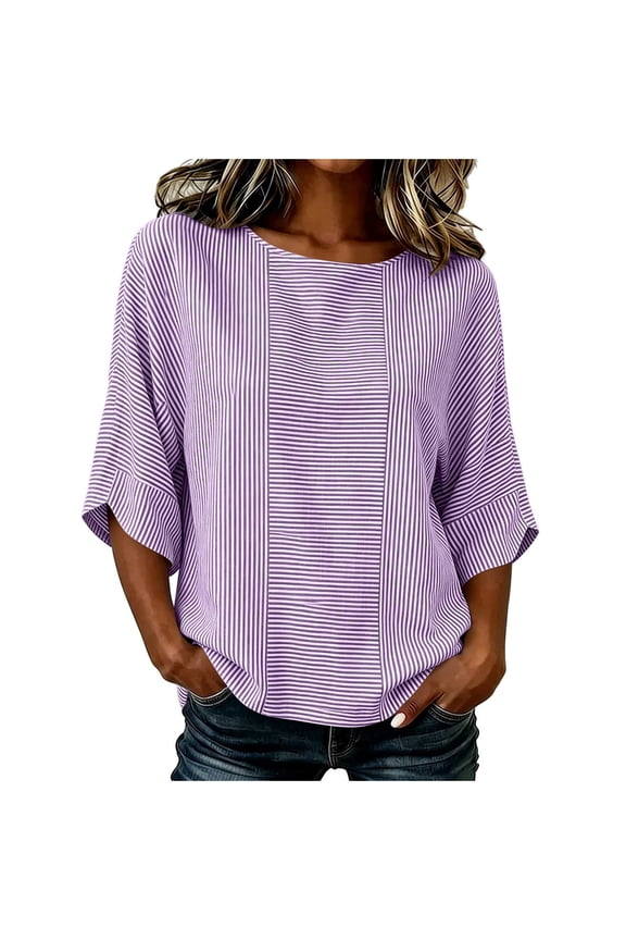 Womens Striped 3/4 Sleeve Tops Trendy Crewneck Loose Fit Blouses Casual Summer Pullover