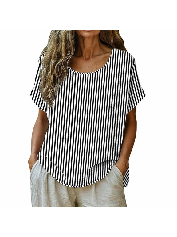 Womens Striped Short Sleeve Shirts Round Neck Summer Blouses Casual Vertical Stripe Tunic Tops