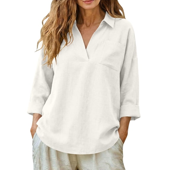 GUACER Womens Summer Long Sleeve Blouses Trendy V Neck Linen Pocket Relaxed Fit Breathable Shirts