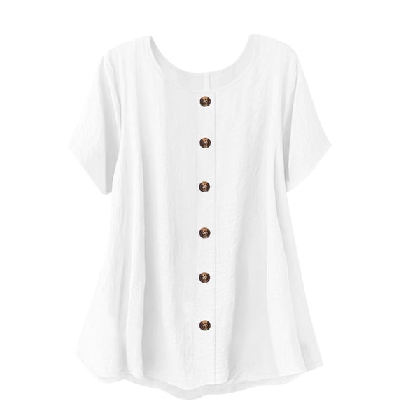 GUACER Womens Summer Short Sleeve Blouses Casual Round Neck Cotton Linen Button Trendy T Shirts