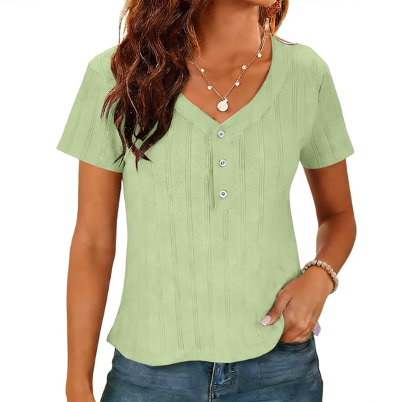 GUACER Womens Summer T Shirts Fashion V Neck Button Eyelet Mesh Breathable Business Short Sleeve Tops