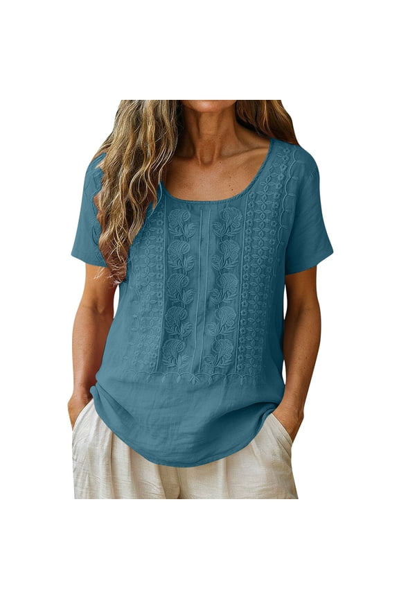 Womens T Shirts Fashion Cotton Linen Embroidered Round Neck Short Sleeve Tops Casual Loose Blouses