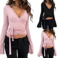thumbnail image 1 of GUACER Womens Tops Trendy V-Neck Lace Trim Wrap Long Sleeve Shirts Tie Waist Crop Blouse with Bell Sleeves, 1 of 7
