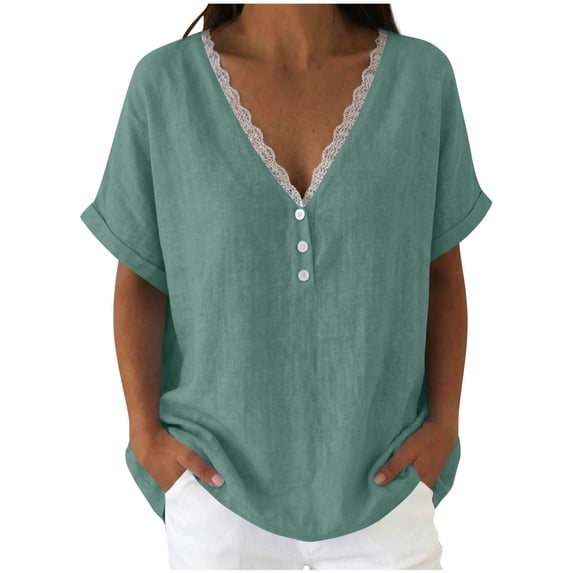 GUACER Womens V Neck Flowy Tee Blouses Lace Trim Short Sleeve Shirts Button Detail Casual Boho Summer Tunic Tops